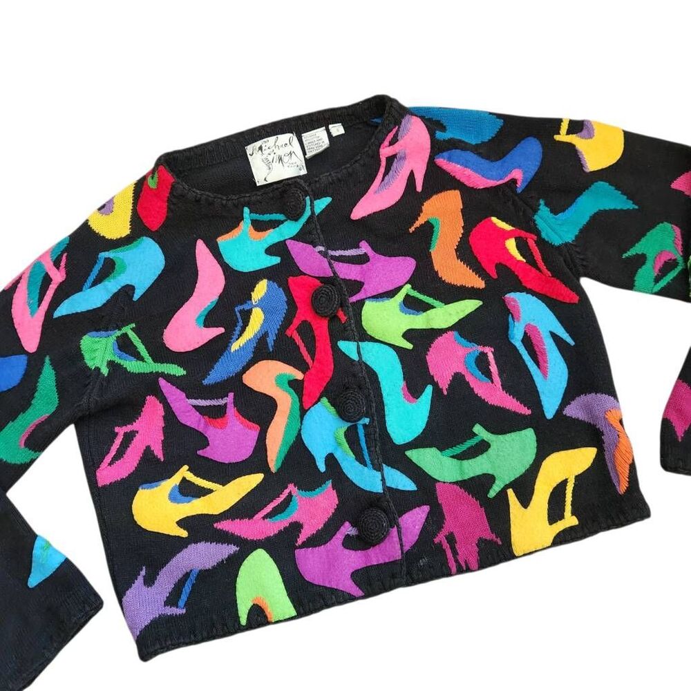 Vintage Michael Simon Sweater Cardigan Small High Heels Pop Art to Wear Embellis